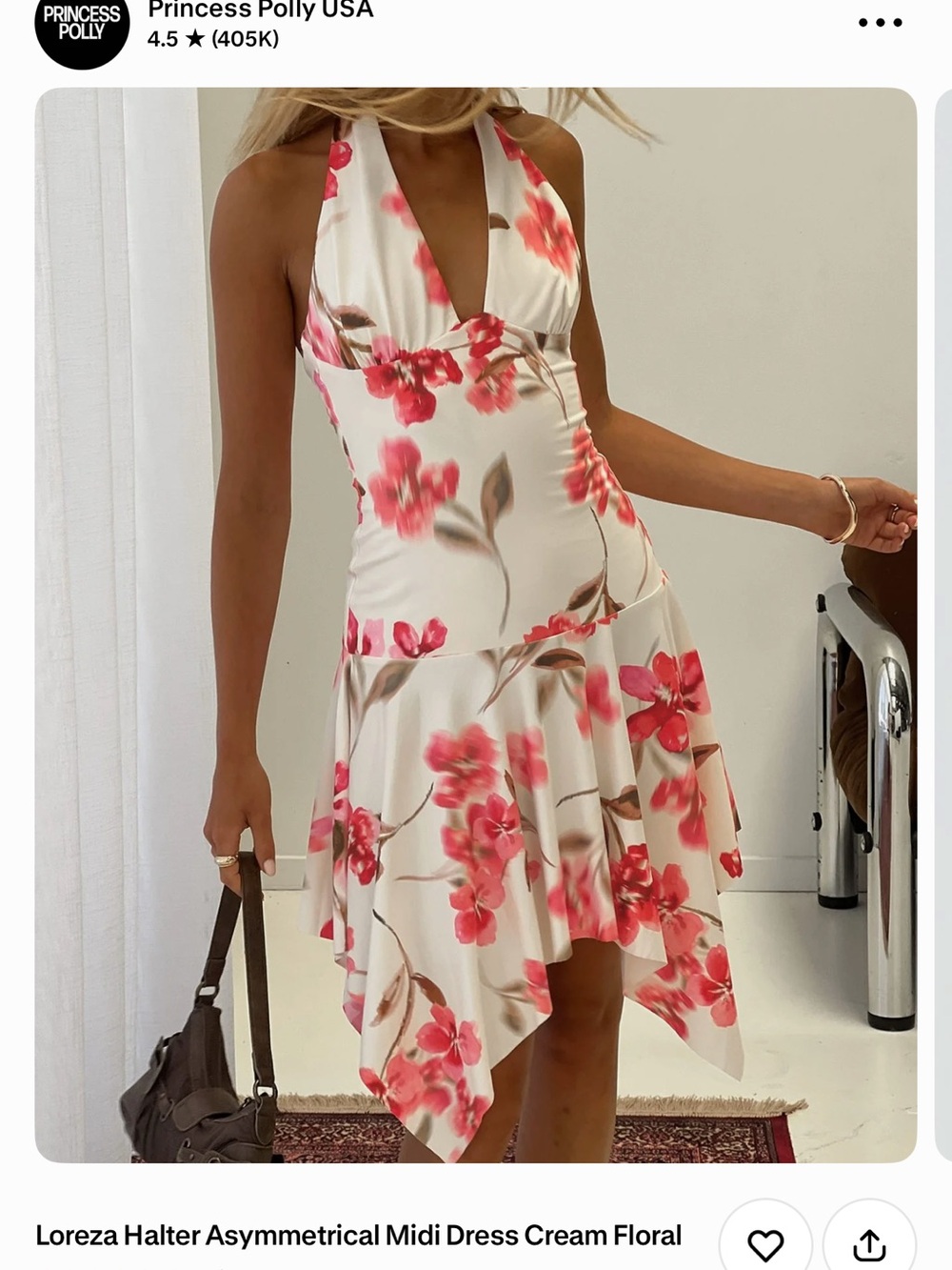 Princess Polly Cream Halter Asymmetrical Midi Dress with Pink Floral Print